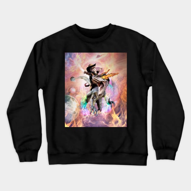 Evil Velociraptor Raptor Fire Dinosaur & Cowboy Space Cat Crewneck Sweatshirt by Random Galaxy